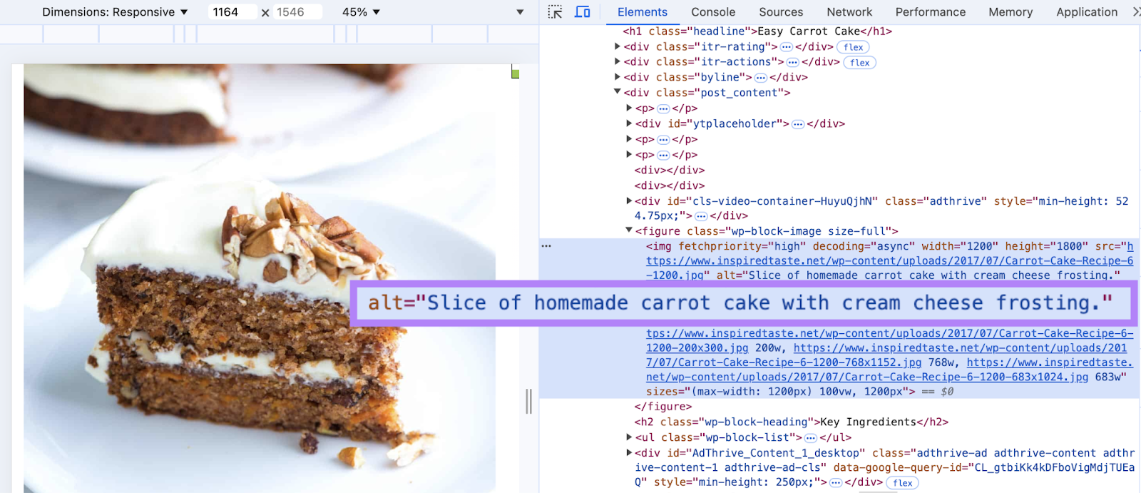 alt text highlighted in the code for a picture says "alt="slice of homemade carrot cake with cream cheese frosting"