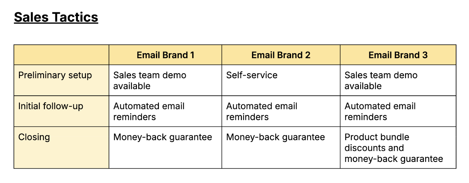 Sales tactics section includes space for preliminary setup, initial follow-up, and closing of the sale.