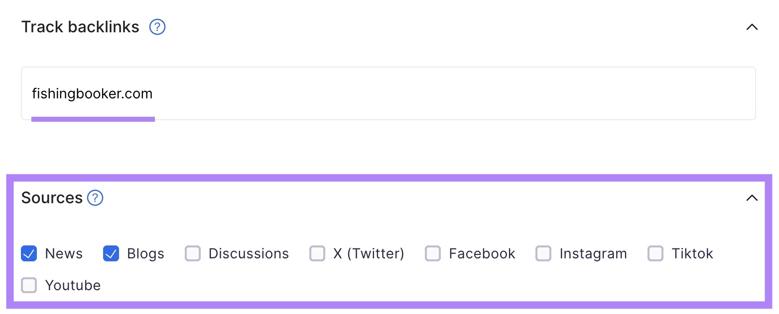 A domain entered with "News" and "Blogs" selected as sources on Brand Monitoring tool settings.