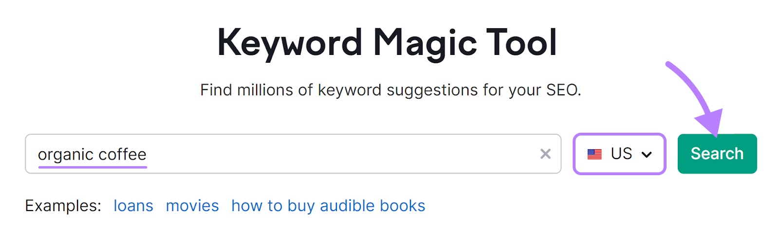 "organic coffee" entered into the Keyword Magic Tool search bar