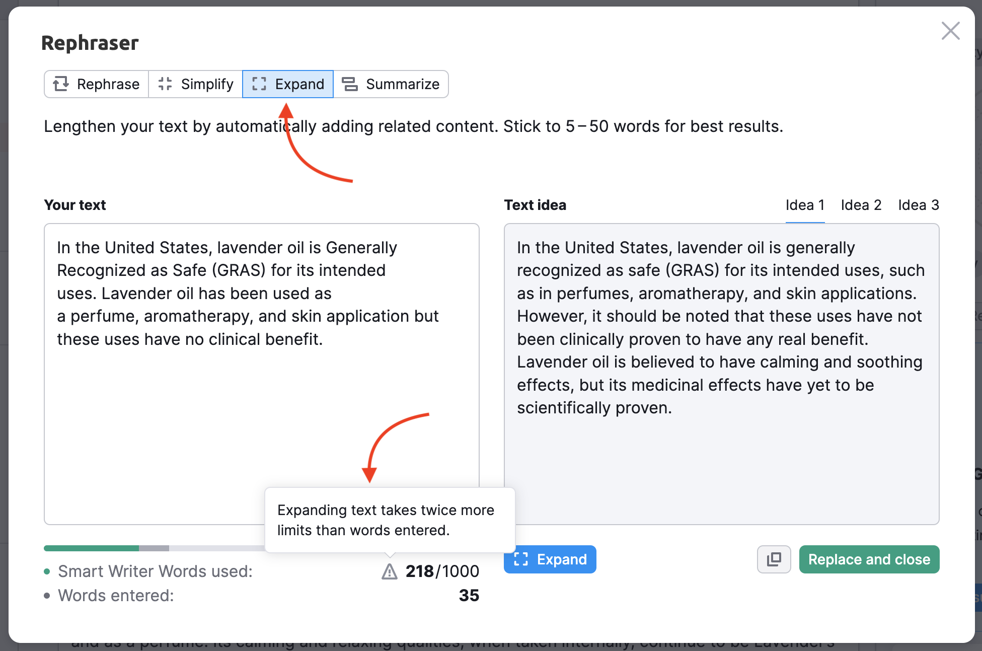 Example showing how to the Rephraser feature works. An arrow points to the 'Expand' option in the menu. The example shows two boxes of text: one with your text and the other with the expanded text idea. Another arrow points to a message about limits: 'Expanding text takes twice more limits than words entered.'