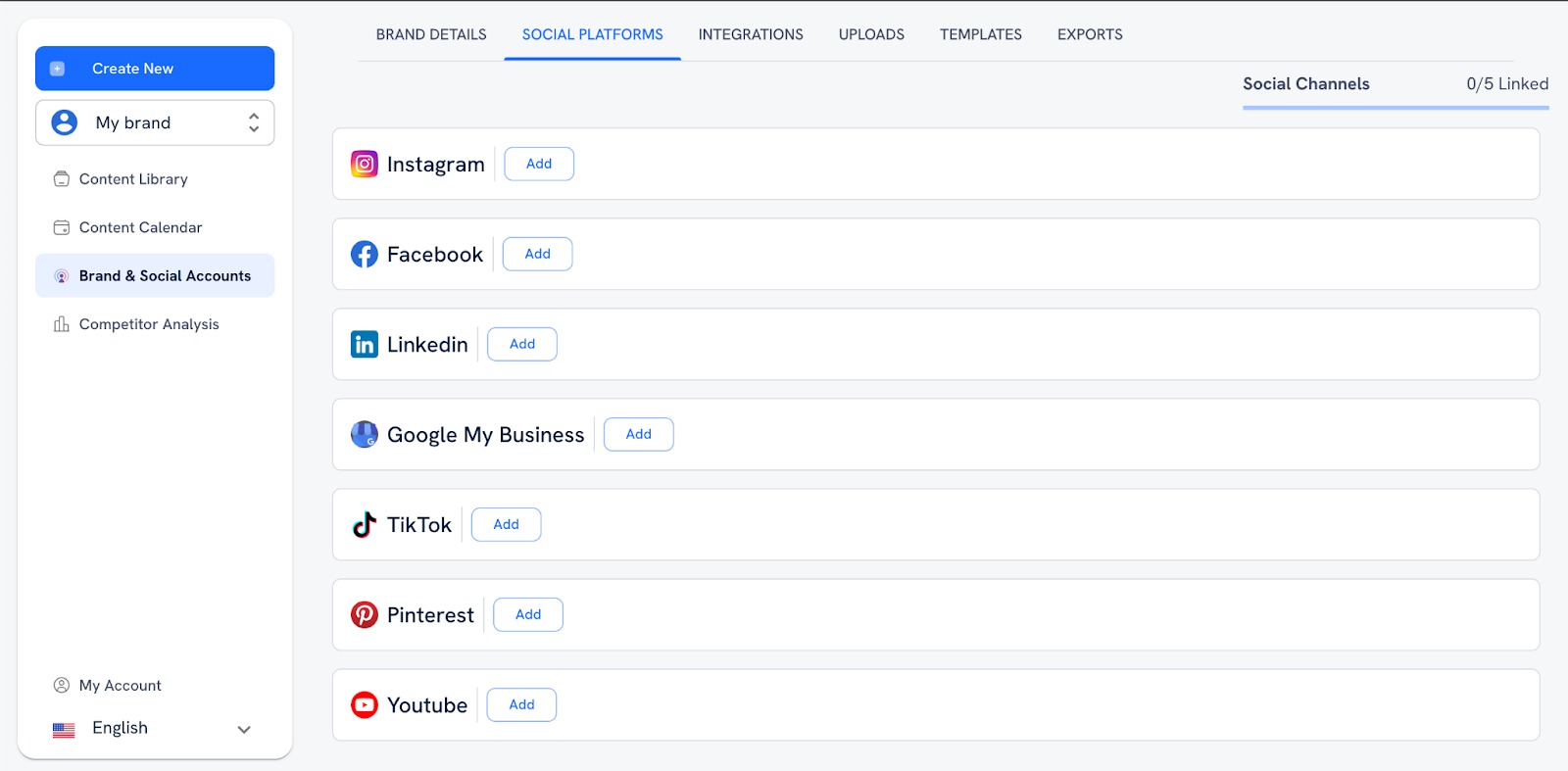 The Social Platforms tab in Brand & Social Accounts.