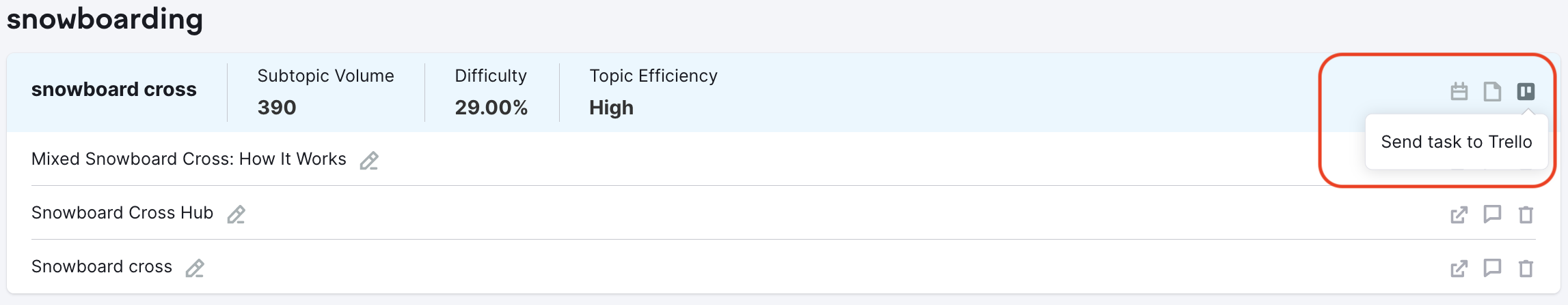 A topic idea from the list with the 'Send task to Trello' option highlighted on the right.