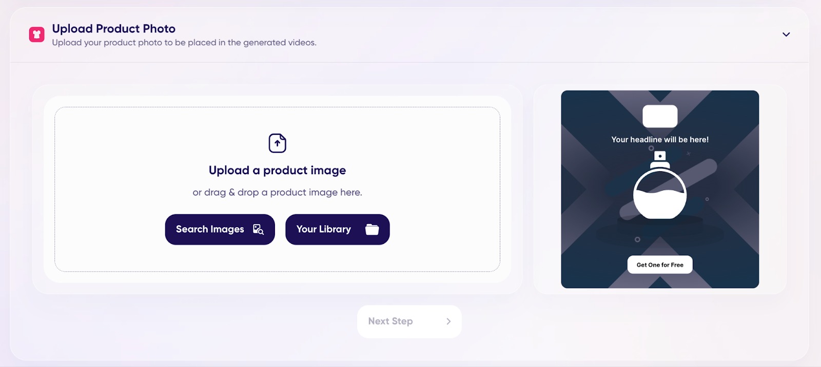 An example of the ‘Upload Product Photo’ step in the process of creating Product Video Ads.