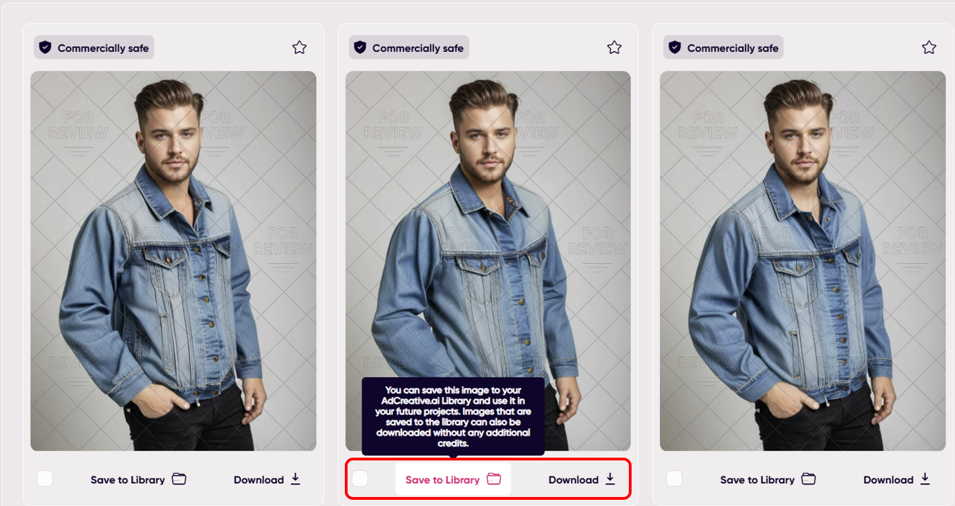 Saving and downloading AI-generated product photos in AdCreative.ai.