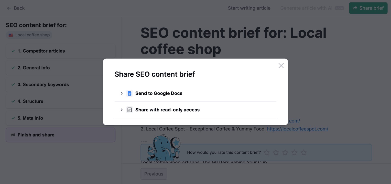 An example of the 'Share SEO content brief' pop-up window.