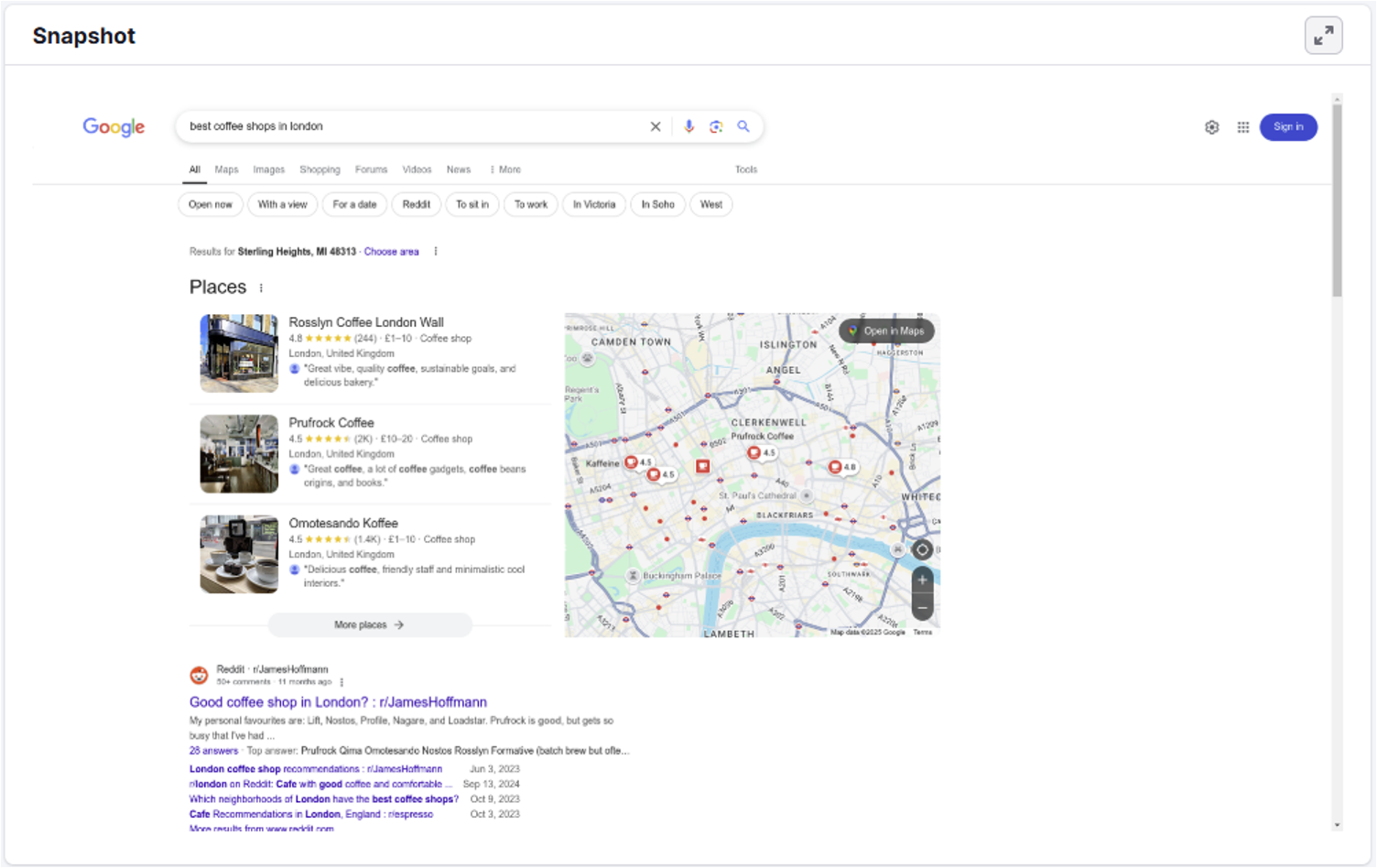 A snapshot of the search results from Google in Otterly - AI Search Monitoring